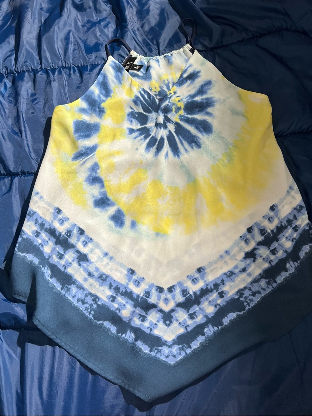 Women’s medium BCX Blue, Yellow & White Tie-Dye V-Neck top - Picture 7 of 10